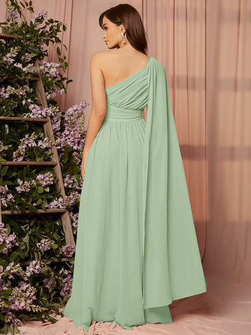 Women's Bridesmaid Dress With Cape Sleeve, One Shoulder And High Slit