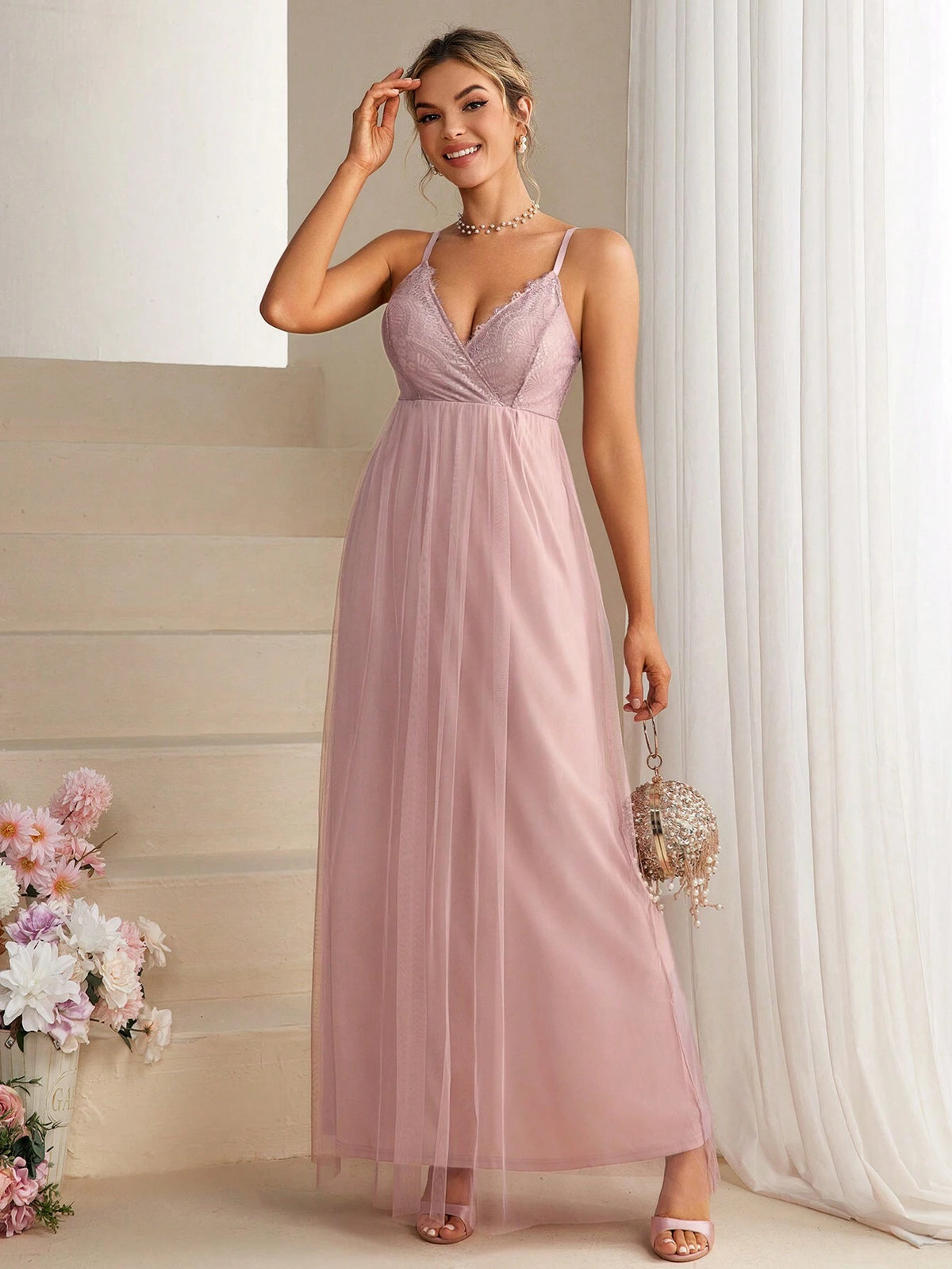 Women's Bridesmaid Dress With Lace Patchwork And Sheer Hemline