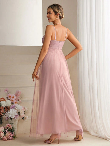 Women's Bridesmaid Dress With Lace Patchwork And Sheer Hemline