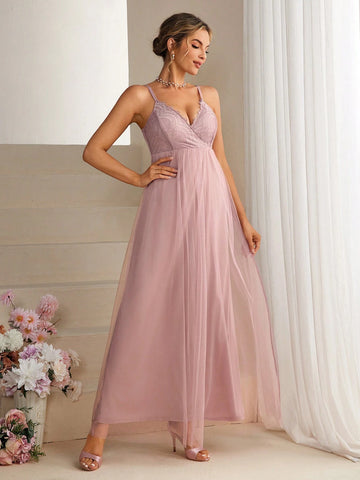 Women's Bridesmaid Dress With Lace Patchwork And Sheer Hemline