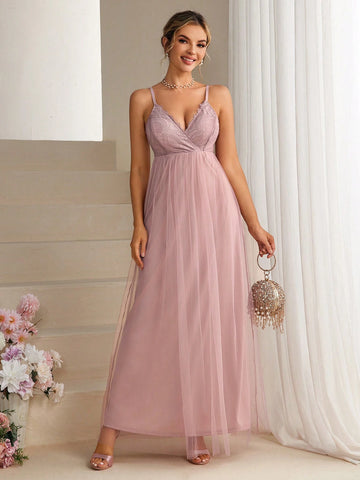Women's Bridesmaid Dress With Lace Patchwork And Sheer Hemline