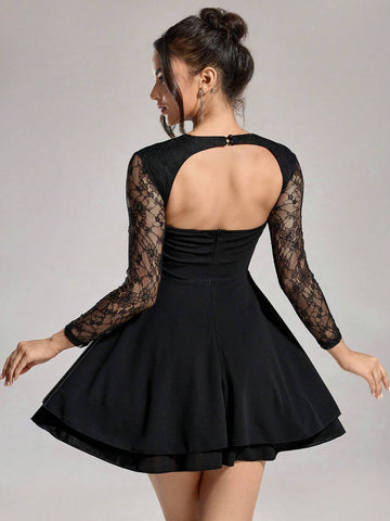 Women's Christmas Contrast Lace Sleeve Hollow-Out Elegant Ball Gown Dress (Heavy Version)