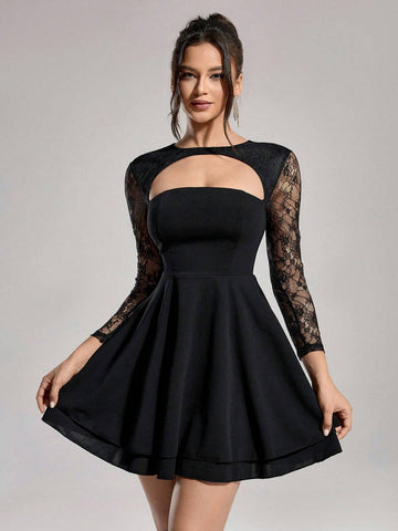 Women's Christmas Contrast Lace Sleeve Hollow-Out Elegant Ball Gown Dress (Heavy Version)