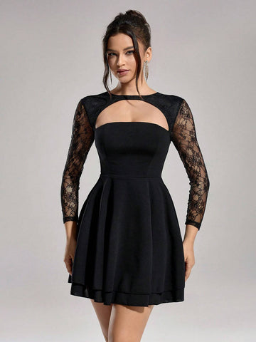 Women's Christmas Contrast Lace Sleeve Hollow-Out Elegant Ball Gown Dress (Heavy Version)