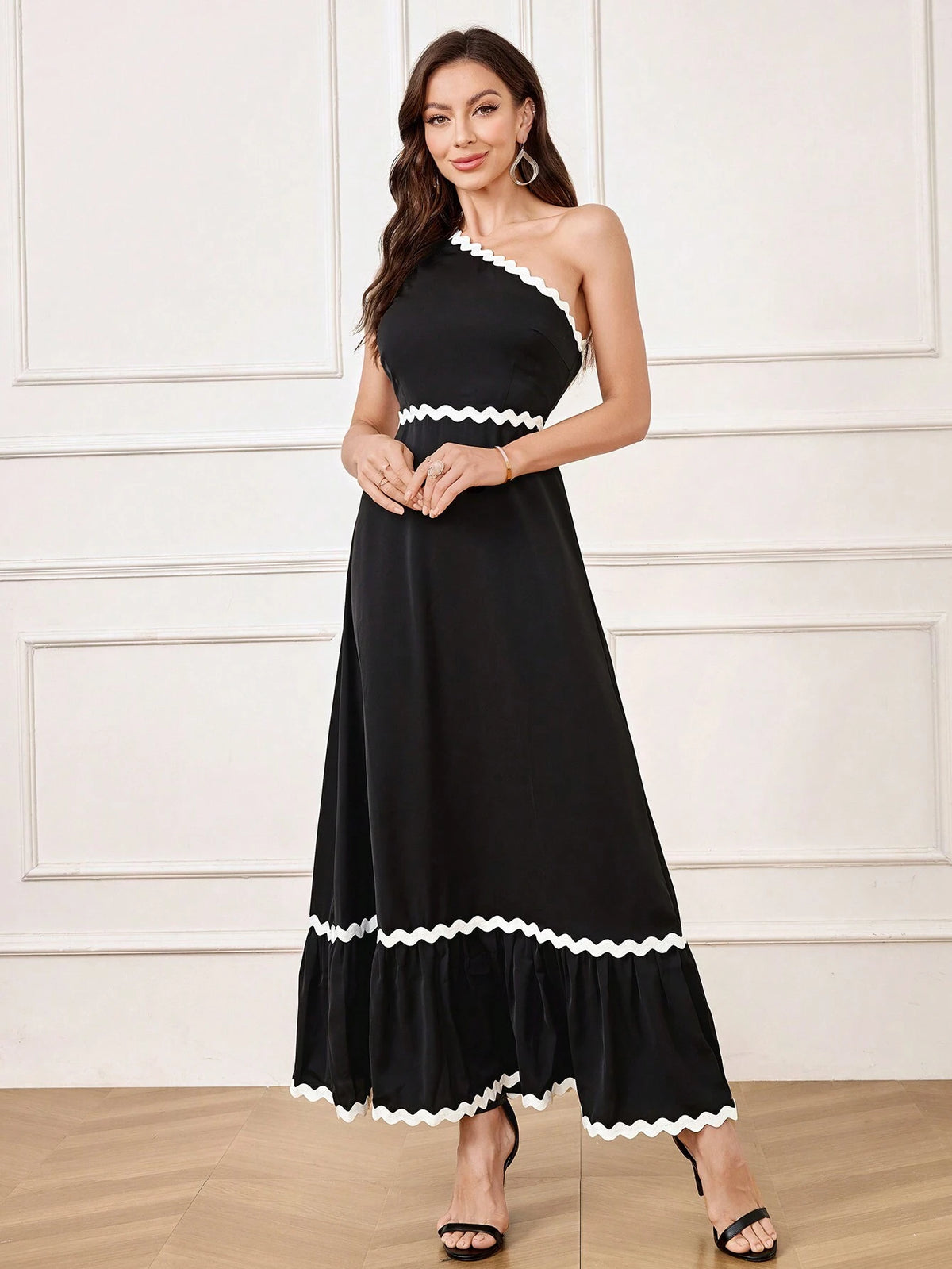 Women's Color Block Woven Tape Splicing Asymmetric Neckline Evening Gown