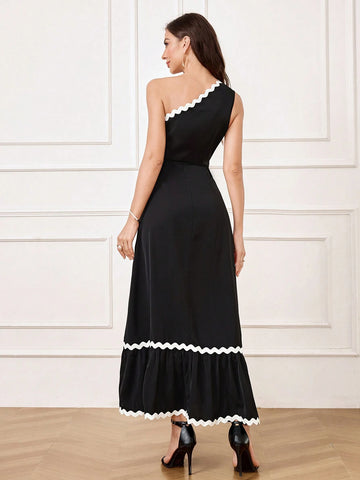 Women's Color Block Woven Tape Splicing Asymmetric Neckline Evening Gown