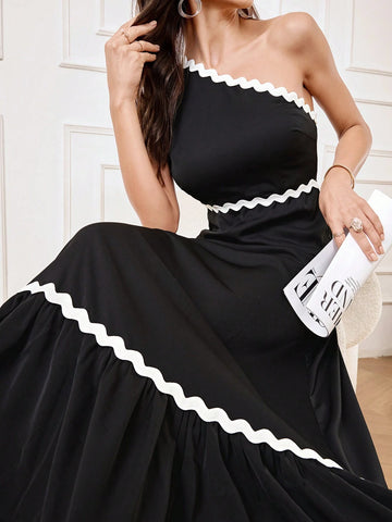 Women's Color Block Woven Tape Splicing Asymmetric Neckline Evening Gown