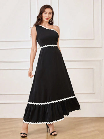 Women's Color Block Woven Tape Splicing Asymmetric Neckline Evening Gown