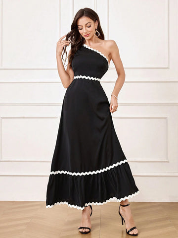 Women's Color Block Woven Tape Splicing Asymmetric Neckline Evening Gown