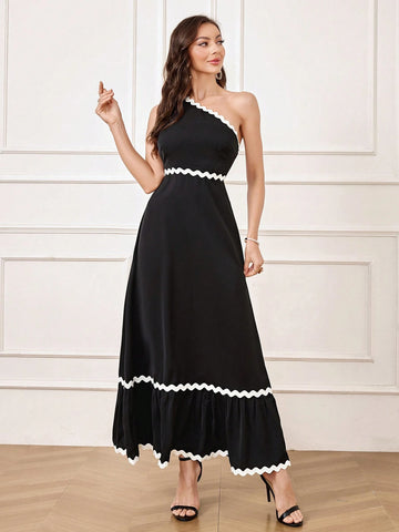 Women's Color Block Woven Tape Splicing Asymmetric Neckline Evening Gown