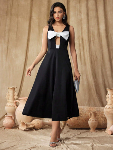 Women's Contrast Color Bow Decor Hollow Out Ball Gown Dress