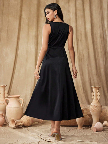 Women's Contrast Color Bow Decor Hollow Out Ball Gown Dress