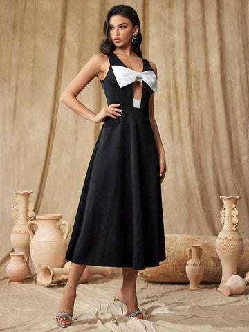 Women's Contrast Color Bow Decor Hollow Out Ball Gown Dress
