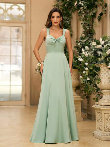 Women's Elegant And Romantic Grass Green Satin Dress With Sweetheart Neckline, Bowknot Chest Detail High Leg Slit To Waist Crossed Open Back Hook Closure Shoulder Straps And With An A-Line Silhouette For Formal During Wedding Bridesmaid Dress