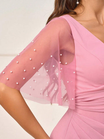 Women's Elegant And Romantic Pink Mesh Fabric Patchwork Chiffon Sleeve Bubble Beading V-Neck Criss-Cross Hem Bridesmaid Dress With Mermaid Train
