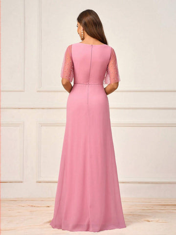 Women's Elegant And Romantic Pink Mesh Fabric Patchwork Chiffon Sleeve Bubble Beading V-Neck Criss-Cross Hem Bridesmaid Dress With Mermaid Train
