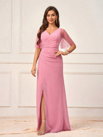 Women's Elegant And Romantic Pink Mesh Fabric Patchwork Chiffon Sleeve Bubble Beading V-Neck Criss-Cross Hem Bridesmaid Dress With Mermaid Train