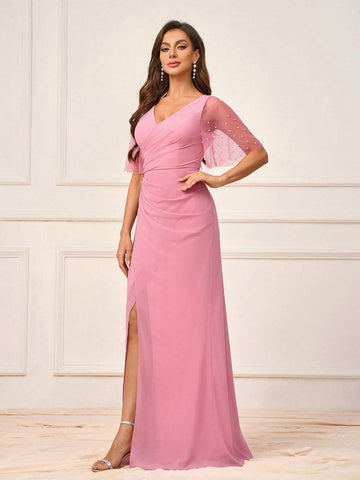 Women's Elegant And Romantic Pink Mesh Fabric Patchwork Chiffon Sleeve Bubble Beading V-Neck Criss-Cross Hem Bridesmaid Dress With Mermaid Train