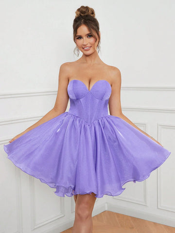 Women's Elegant And Romantic Purple Soft Gauze Fabric Fishbone Shape Bust Design Hem Tutu Skirt Puffy Short Skirt Suitable For Wedding Season Graduation Season Mother's Day Music Festival Valentine's Day Ramadan Dinner And Dance Cocktail Dress