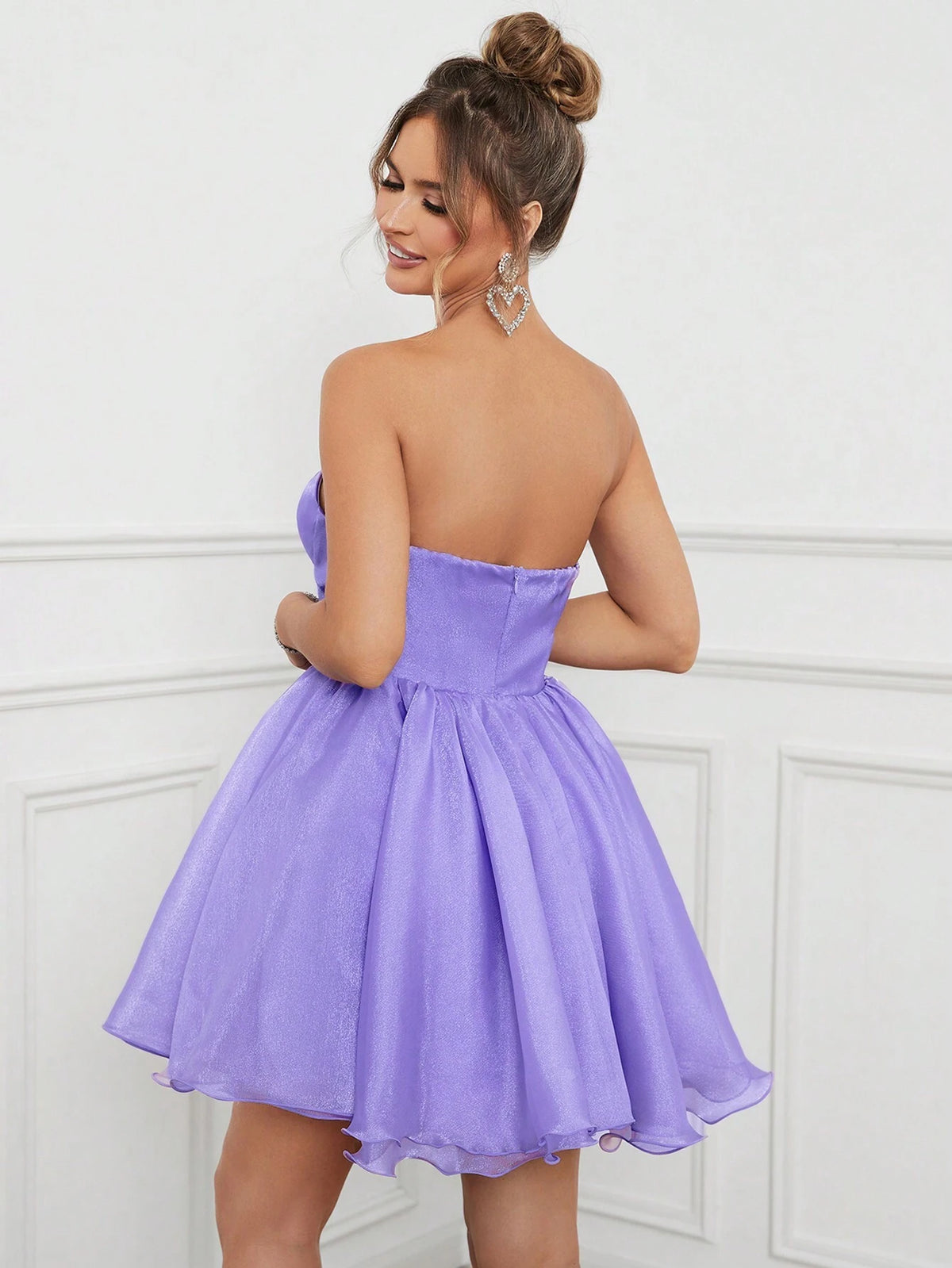 Women's Elegant And Romantic Purple Soft Gauze Fabric Fishbone Shape Bust Design Hem Tutu Skirt Puffy Short Skirt Suitable For Wedding Season Graduation Season Mother's Day Music Festival Valentine's Day Ramadan Dinner And Dance Cocktail Dress