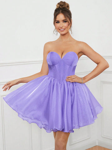 Women's Elegant And Romantic Purple Soft Gauze Fabric Fishbone Shape Bust Design Hem Tutu Skirt Puffy Short Skirt Suitable For Wedding Season Graduation Season Mother's Day Music Festival Valentine's Day Ramadan Dinner And Dance Cocktail Dress