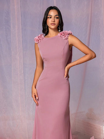 Women's Elegant And Romantic Reddish Brown Soft Skin-Friendly Woven Fabric Formal Bridesmaid Dress