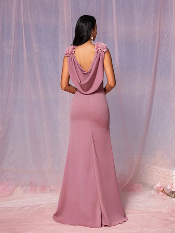 Women's Elegant And Romantic Reddish Brown Soft Skin-Friendly Woven Fabric Formal Bridesmaid Dress