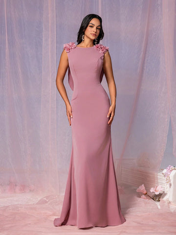 Women's Elegant And Romantic Reddish Brown Soft Skin-Friendly Woven Fabric Formal Bridesmaid Dress