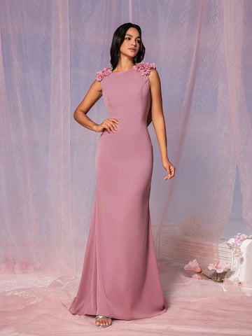 Women's Elegant And Romantic Reddish Brown Soft Skin-Friendly Woven Fabric Formal Bridesmaid Dress