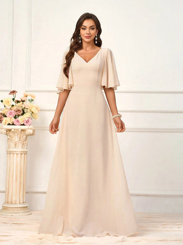 Women's Elegant Beige Chiffon Fabric Splicing Ruffled Sleeves Romantic Mesh Beaded Fabric Deep V-Neck Pearl Sleeves A-Line Dress With V-Shaped Back Perfect For Wedding Season Mother's Day Music Festivals Formal Bridesmaid Dress