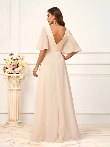 Women's Elegant Beige Chiffon Fabric Splicing Ruffled Sleeves Romantic Mesh Beaded Fabric Deep V-Neck Pearl Sleeves A-Line Dress With V-Shaped Back Perfect For Wedding Season Mother's Day Music Festivals Formal Bridesmaid Dress