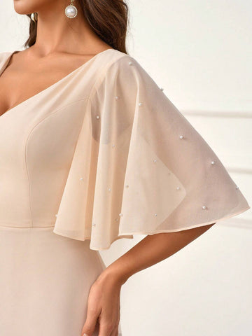 Women's Elegant Beige Chiffon Fabric Splicing Ruffled Sleeves Romantic Mesh Beaded Fabric Deep V-Neck Pearl Sleeves A-Line Dress With V-Shaped Back Perfect For Wedding Season Mother's Day Music Festivals Formal Bridesmaid Dress