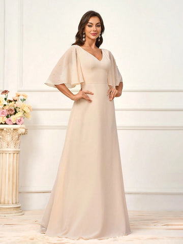 Women's Elegant Beige Chiffon Fabric Splicing Ruffled Sleeves Romantic Mesh Beaded Fabric Deep V-Neck Pearl Sleeves A-Line Dress With V-Shaped Back Perfect For Wedding Season Mother's Day Music Festivals Formal Bridesmaid Dress
