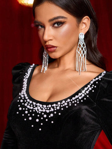 Women's Elegant Black Velvet Long Sleeve Neck Beaded High Waist Slim Fit Fishtail Hem With Train Maxi Dress Suitable For Date, Bachelorette Party, Wedding Ceremony And All Formal Occasions, Wedding Events Heavy Work Dinner Dress