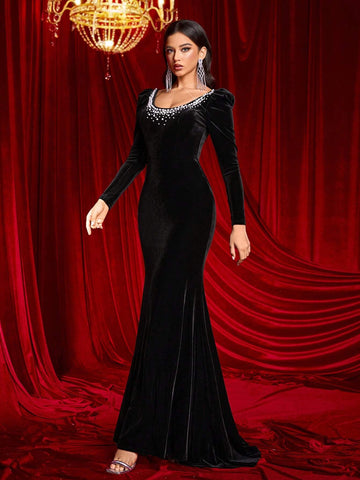 Women's Elegant Black Velvet Long Sleeve Neck Beaded High Waist Slim Fit Fishtail Hem With Train Maxi Dress Suitable For Date, Bachelorette Party, Wedding Ceremony And All Formal Occasions, Wedding Events Heavy Work Dinner Dress