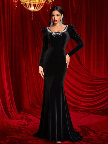 Women's Elegant Black Velvet Long Sleeve Neck Beaded High Waist Slim Fit Fishtail Hem With Train Maxi Dress Suitable For Date, Bachelorette Party, Wedding Ceremony And All Formal Occasions, Wedding Events Heavy Work Dinner Dress