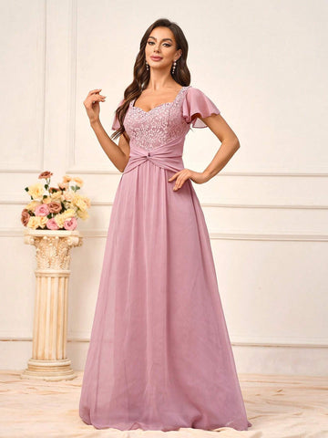 Women's Elegant Blush Pink Chiffon Ruched Lace Splicing Sweetheart Neckline With Short Sleeves A-Line Silhouette Suitable For Wedding And Mother's Day Ack To School Season Music Festival Prom Summer Formal Standard Size Bridesmaid Dress