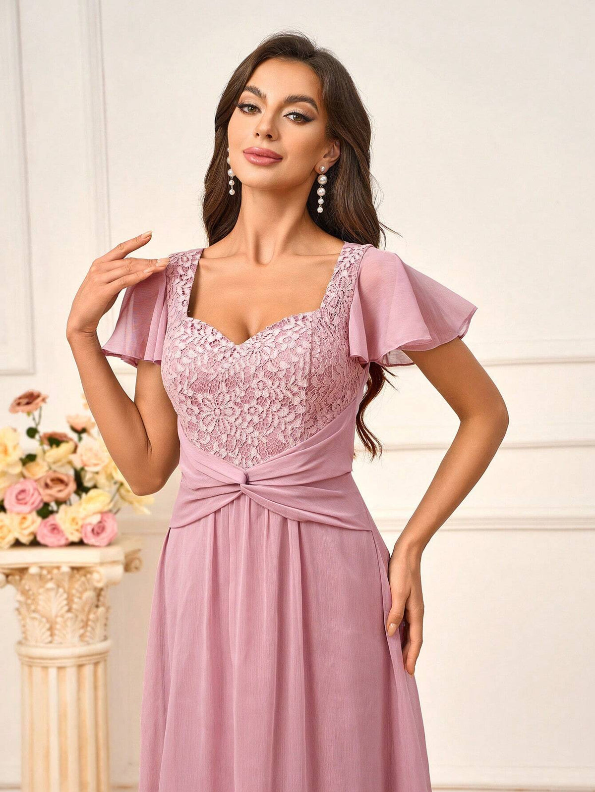 Women's Elegant Blush Pink Chiffon Ruched Lace Splicing Sweetheart Neckline With Short Sleeves A-Line Silhouette Suitable For Wedding And Mother's Day Ack To School Season Music Festival Prom Summer Formal Standard Size Bridesmaid Dress