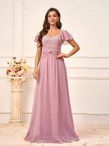 Women's Elegant Blush Pink Chiffon Ruched Lace Splicing Sweetheart Neckline With Short Sleeves A-Line Silhouette Suitable For Wedding And Mother's Day Ack To School Season Music Festival Prom Summer Formal Standard Size Bridesmaid Dress