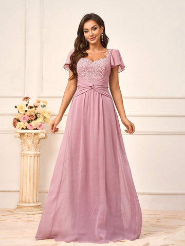 Women's Elegant Blush Pink Chiffon Ruched Lace Splicing Sweetheart Neckline With Short Sleeves A-Line Silhouette Suitable For Wedding And Mother's Day Ack To School Season Music Festival Prom Summer Formal Standard Size Bridesmaid Dress