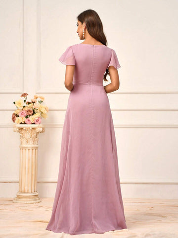 Women's Elegant Blush Pink Chiffon Ruched Lace Splicing Sweetheart Neckline With Short Sleeves A-Line Silhouette Suitable For Wedding And Mother's Day Ack To School Season Music Festival Prom Summer Formal Standard Size Bridesmaid Dress