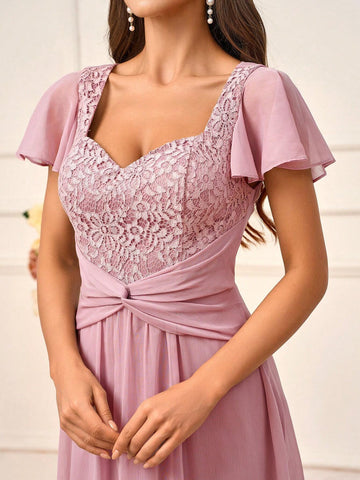 Women's Elegant Blush Pink Chiffon Ruched Lace Splicing Sweetheart Neckline With Short Sleeves A-Line Silhouette Suitable For Wedding And Mother's Day Ack To School Season Music Festival Prom Summer Formal Standard Size Bridesmaid Dress