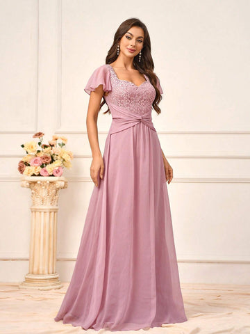 Women's Elegant Blush Pink Chiffon Ruched Lace Splicing Sweetheart Neckline With Short Sleeves A-Line Silhouette Suitable For Wedding And Mother's Day Ack To School Season Music Festival Prom Summer Formal Standard Size Bridesmaid Dress