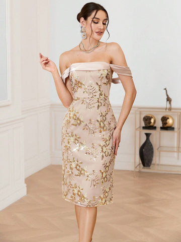 Women's Elegant Bridesmaid Dress With Beads Embroidery Off Shoulder Design