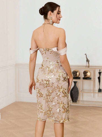 Women's Elegant Bridesmaid Dress With Beads Embroidery Off Shoulder Design