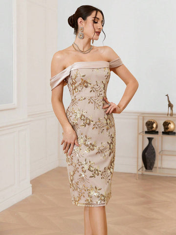 Women's Elegant Bridesmaid Dress With Beads Embroidery Off Shoulder Design