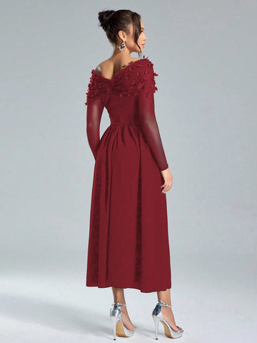 Women's Elegant Christmas Knit Black Contrast Mesh Splicing Waist Dress With Luxury Butterfly Applique