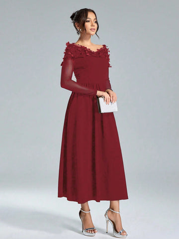 Women's Elegant Christmas Knit Black Contrast Mesh Splicing Waist Dress With Luxury Butterfly Applique