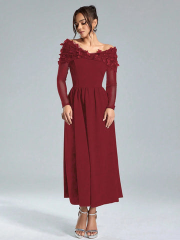 Women's Elegant Christmas Knit Black Contrast Mesh Splicing Waist Dress With Luxury Butterfly Applique