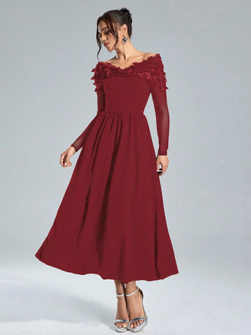 Women's Elegant Christmas Knit Black Contrast Mesh Splicing Waist Dress With Luxury Butterfly Applique